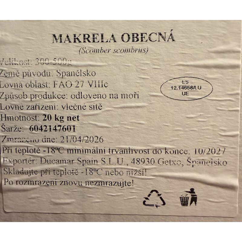 MRAZ. makrela nekuchaná ŠIŠMA 300 -500g/21kg